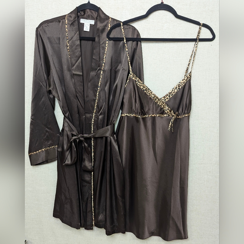 Morgan Taylor Luxe Espresso Satin & Leopard Robe Set - XL - Chocolate Brown